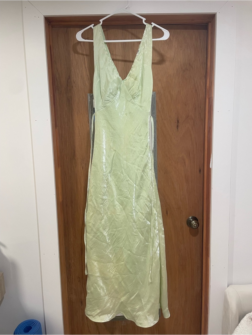 Peppermayo Pale Green Satin V-Neck Maxi Dress